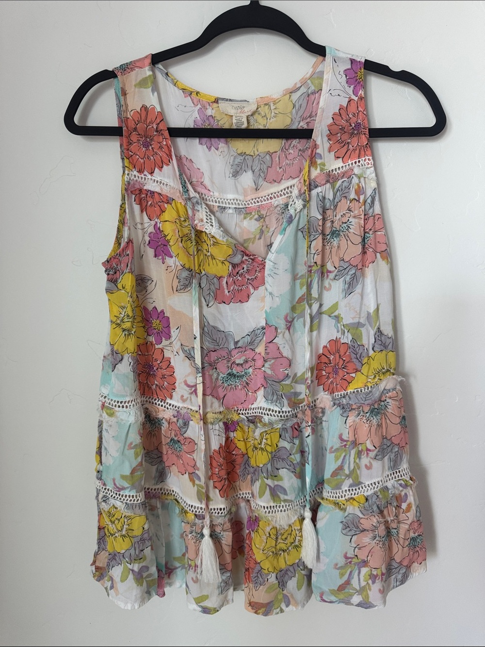 Cupio Floral Tiered Sleeveless Tank Top Boho Peasant Tassel Pink Retro Blouse S